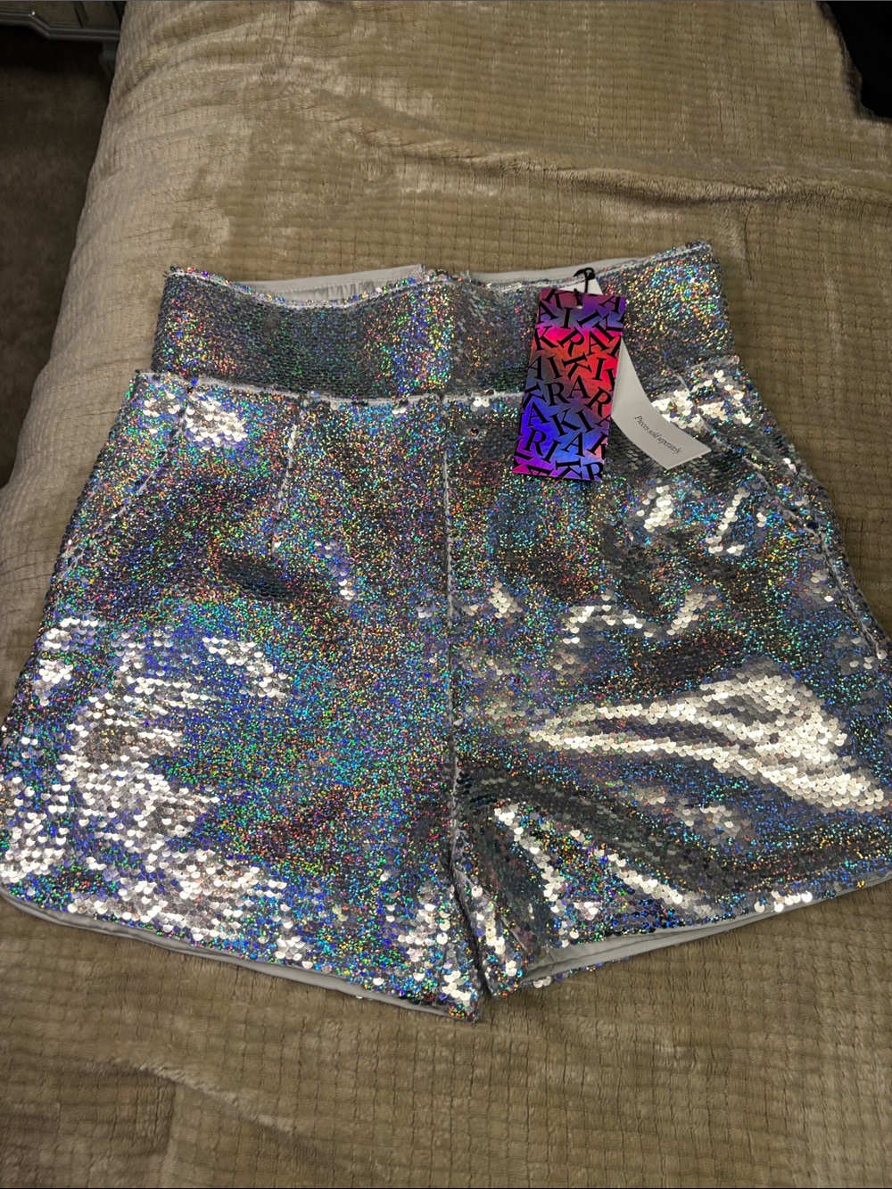 AKIRA Holographic Silver Sequin High-Waist Shorts